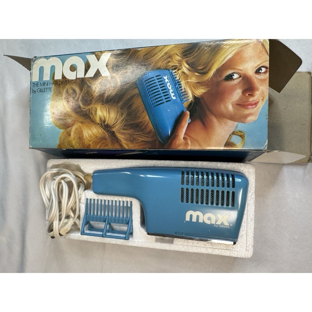 Retro 1970s Gillette MAX Mini Compact Hairdryer - Original Box - BLUE